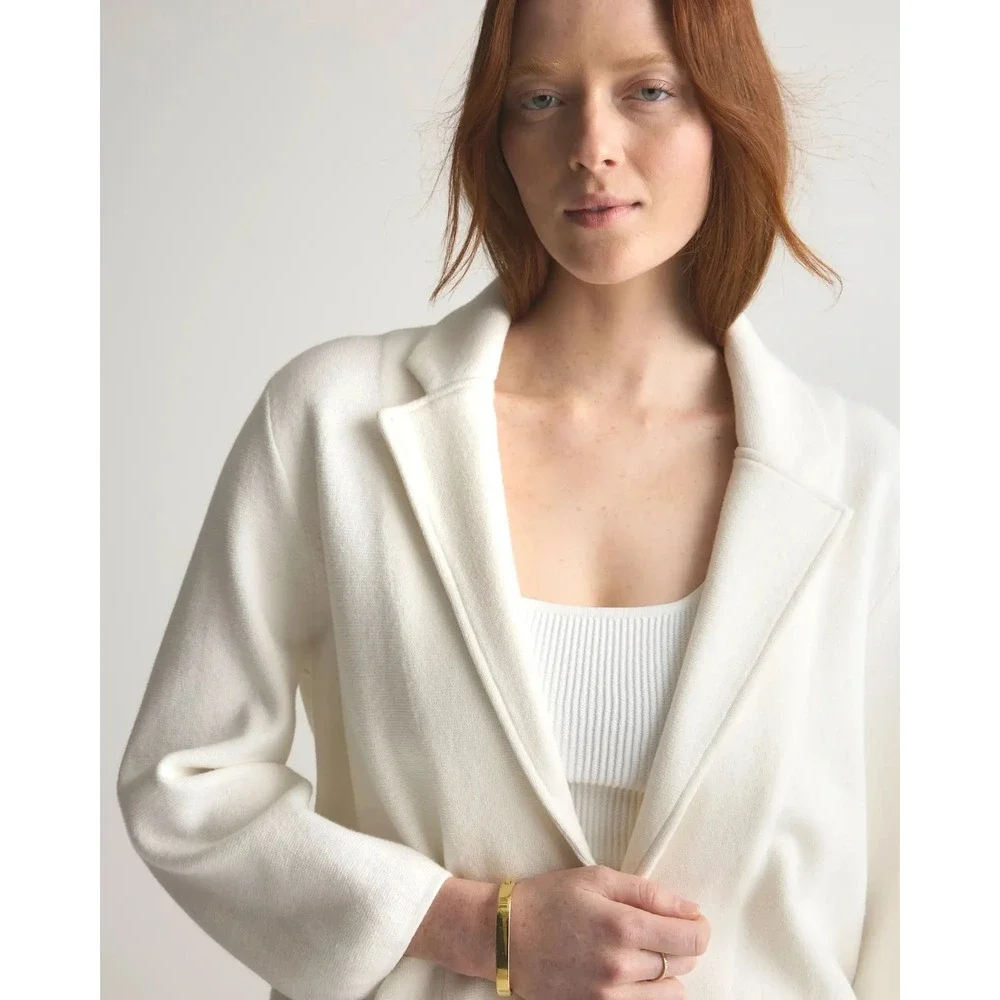 Quince Organic Cotton Knit Blazer Ivory White Cream Cardigan Jacket Large L